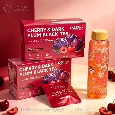 BOGO Cherry Dark Plum Black Tea 2 Cartons 2×80g(8g×10packs）With Roselle,Pineapple,Grape,Banana Pieces,Cherry,Black Tea,Dark Plum,Snow Pear,Apple With Color Changing Water Bottle 500ml/17oz