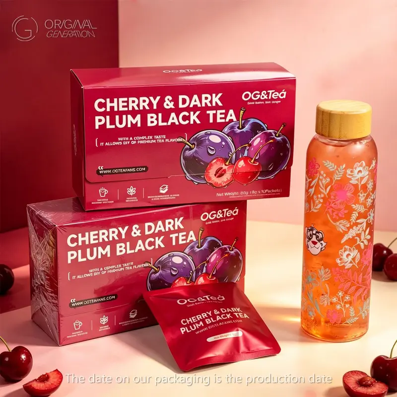 BOGO Cherry Dark Plum Black Tea 2 Cartons 2×80g(8g×10packs）With Roselle,Pineapple,Grape,Banana Pieces,Cherry,Black Tea,Dark Plum,Snow Pear,Apple With Color Changing Water Bottle 500ml/17oz
