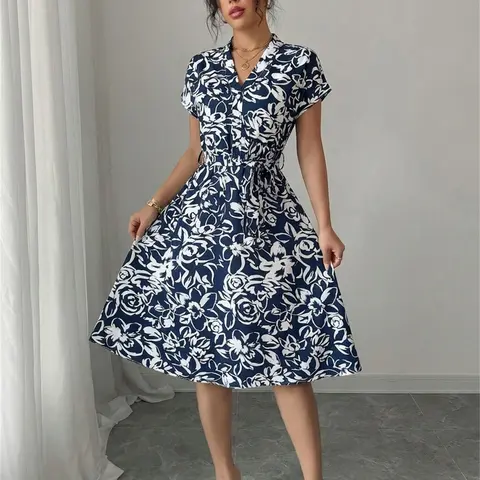 Summer New Casual V Neck Button Batwing Sleeve Tie Belt Floral Print Ruffle Short Sleeve Dress, Women's Fashion Lightweight Summer Dress Floral Prints Dress