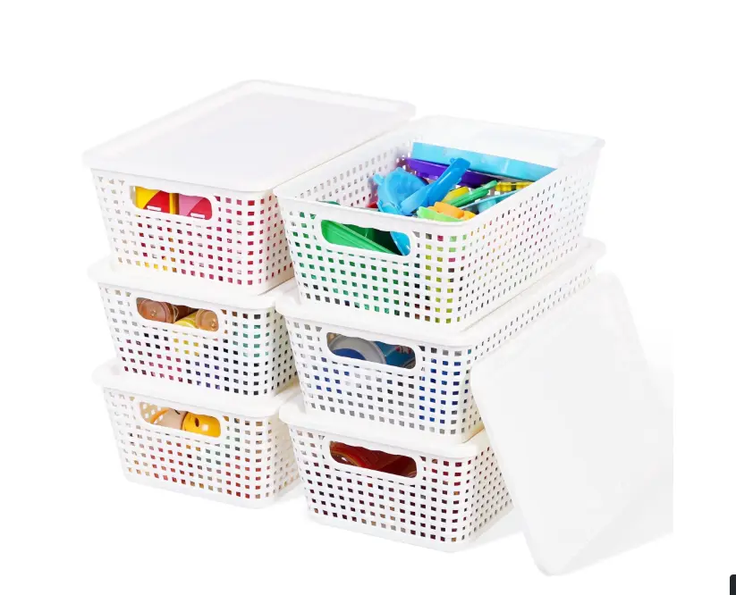Cream White 6-Pack Plastic Storage Baskets with Lids, Small Organizer Bins with Handles for Home Organization