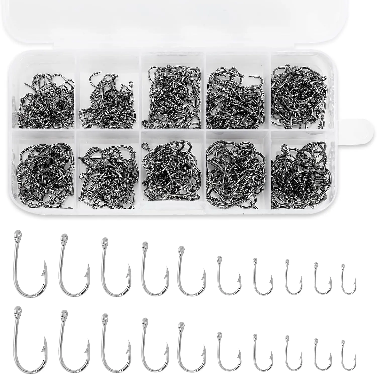 500 Pcs Carbon Steel Fishing Hooks Set with 10 Sizes, Universal Octopus Hooks for Saltwater Freshwater Ice Fishing
