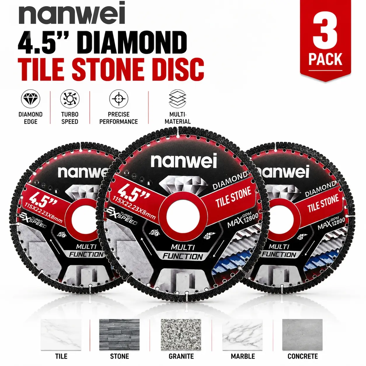 NANWEI 3-Pack 4.5in (115mm) Turbo Cutter Diamond Blades, Multi-Function Cutting Discs for Tile, Marble, Granite, Angle Grinder Wheels for Construction, DIY Renovation