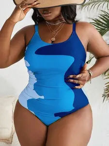 Plus Size Color Block Ruffle One-Piece Swimsuit Summer Beach