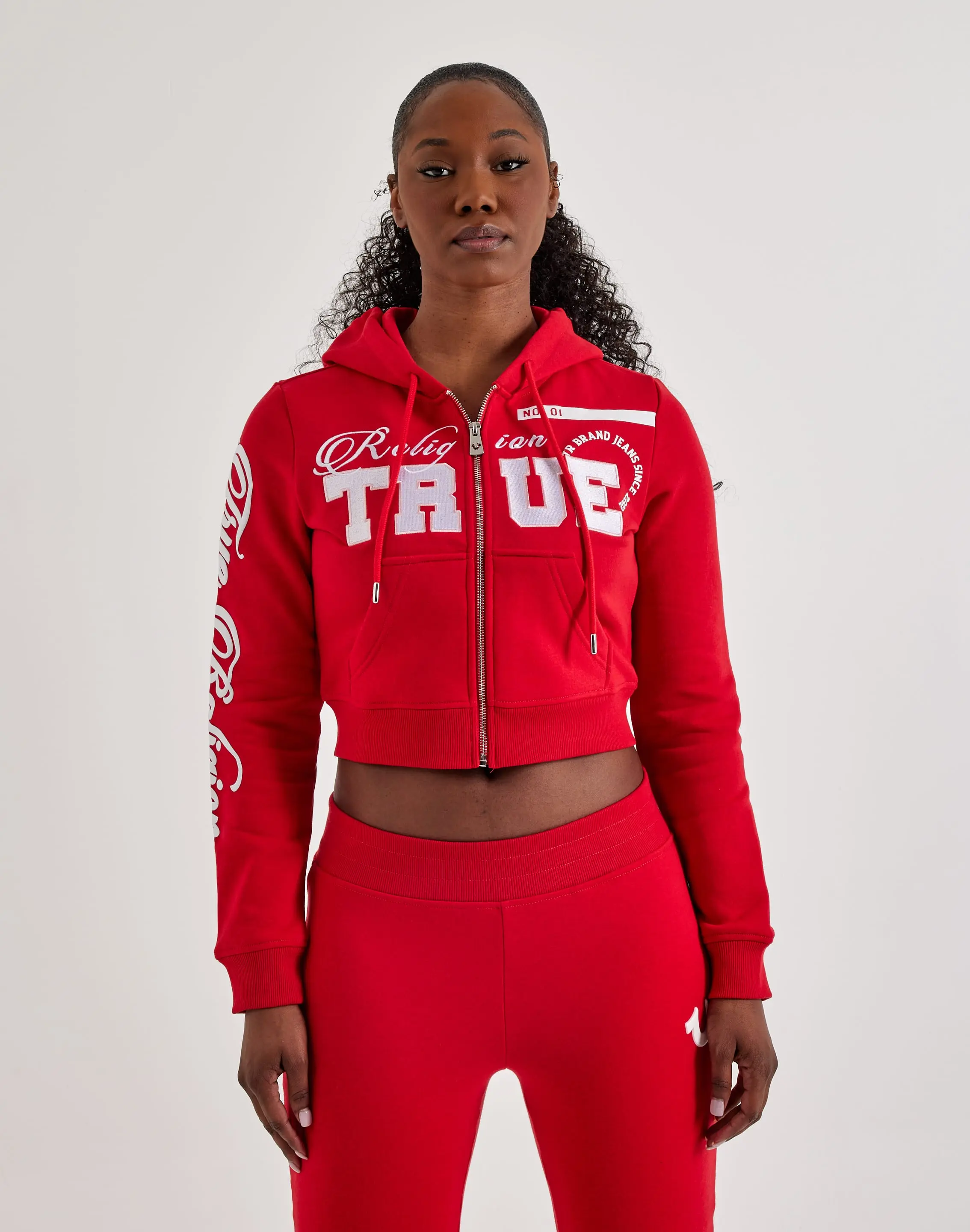 Womens True Religion Embroidered Shrunken Full-Zip Fleece Hoodie