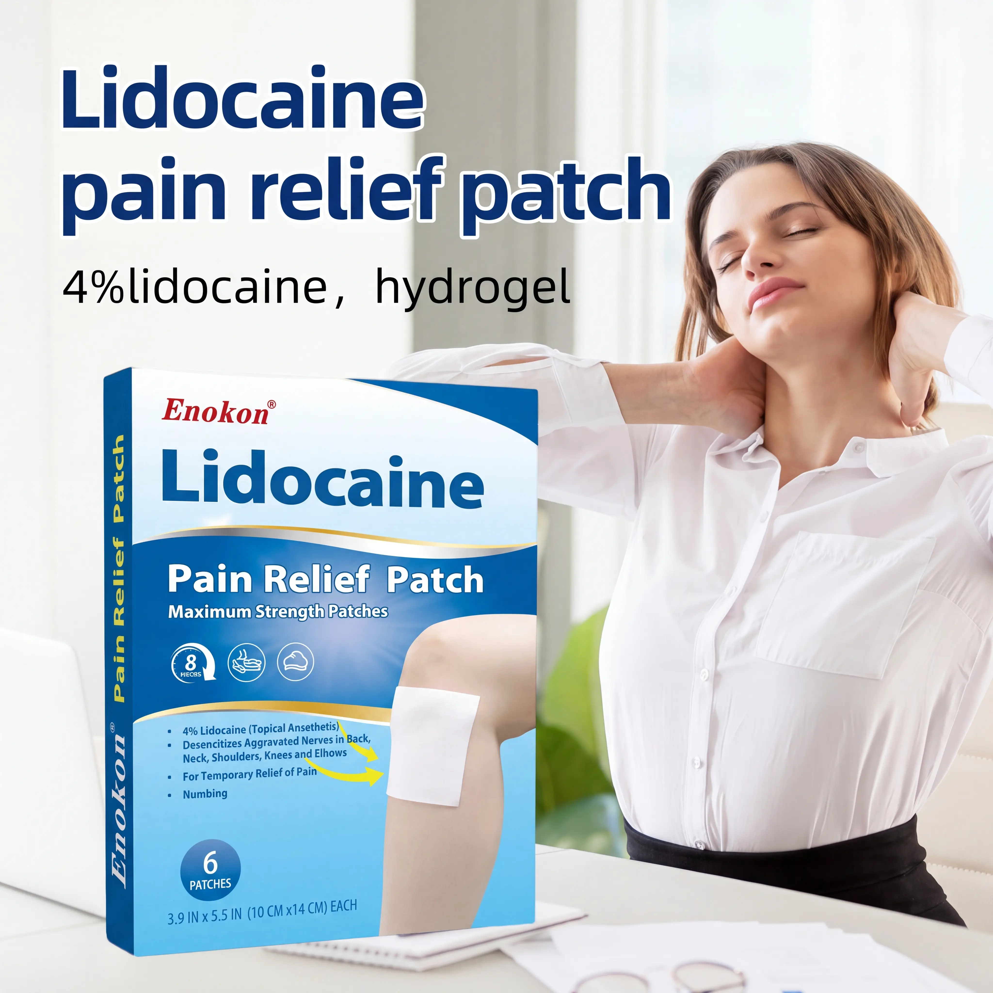 Enokon Lidocaine Pain Relief Patch 4% Lidocaine Hydrogel Maximum Strength Patches for Temporary Relief of Pain 6 Patches