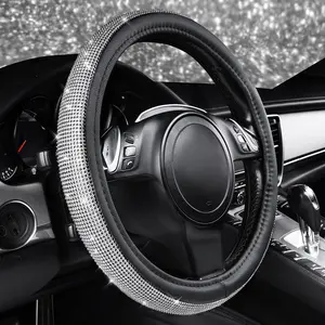New Diamond Leather Steering Wheel Cover with Bling Bling Crystal Rhinestones for Women and Girls,  Fit Suvs,Vans,Sedans,Car,Trucks, Silver