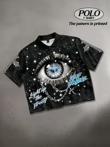 Polo collar short sleeved T-shirt loose fit men's and women's, Unisex, eye print lapel, geometric print T-shirt European American streetwear fashion brand casual collar Y2K style