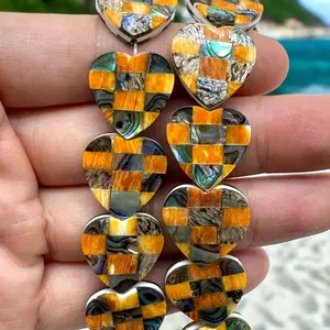 Spiny Oyster & Abalone Shell Beads - Heart 20mm - Native American Style - Double-Sided Reversible (Handcrafted Square-Mosaic Inlay Artistry with Meticulous Workmanship) DIY Jewelry Making