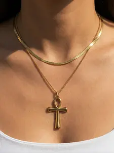 Egyptian Anchor Cross Pendant Necklace, Ankh Necklace, Cuban Link Chain, Stainless Steel, Casual Style, Suitable for Daily Wear and Special Occasions, All Seasons