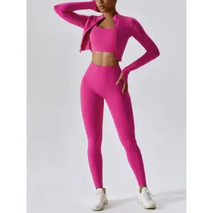 Three-Piece Set for Women Solid Cross  Vest  High-Waisted Leggings  Zipper  Jacket  Set, Comfortable  Gym Workout Running Clothing, ,  Pants, Autumn Clothing,  Yoga Crop and sportswear wet suits check light