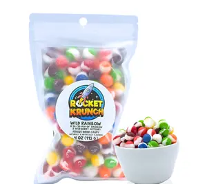 Rocket Krunch Wild Rainbow Meteors Freeze Dried Snack Candy 50/50 Mix of Rainbow & Wild Berry Flavors Fruity Sweet Crunchy Skittles Bonbon Sugar 4 Oz Bag