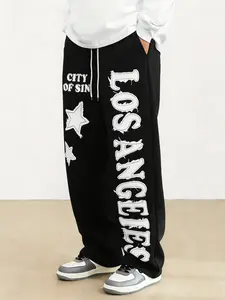 American High Street Los Angeles Distressed Letter Star Sweatpants, Las Vegas Sin City Trendy Street Style Wide Leg Pants