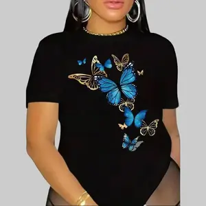 Elegant blue butterfly pattern cotton T-shirt, perfect for those who love nature