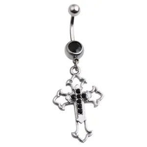Hollow Cross Dangle Navel Ring 14G 316L Surgical Steel Belly Button Ring Clear Black CZ Punk Piercing Ombligo Oreja Body Jewelry