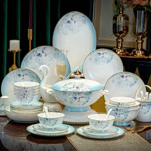 Jingdezhen bone china tableware set, home use light luxury bowl and plate set, housewarming gift bowl and plate combination