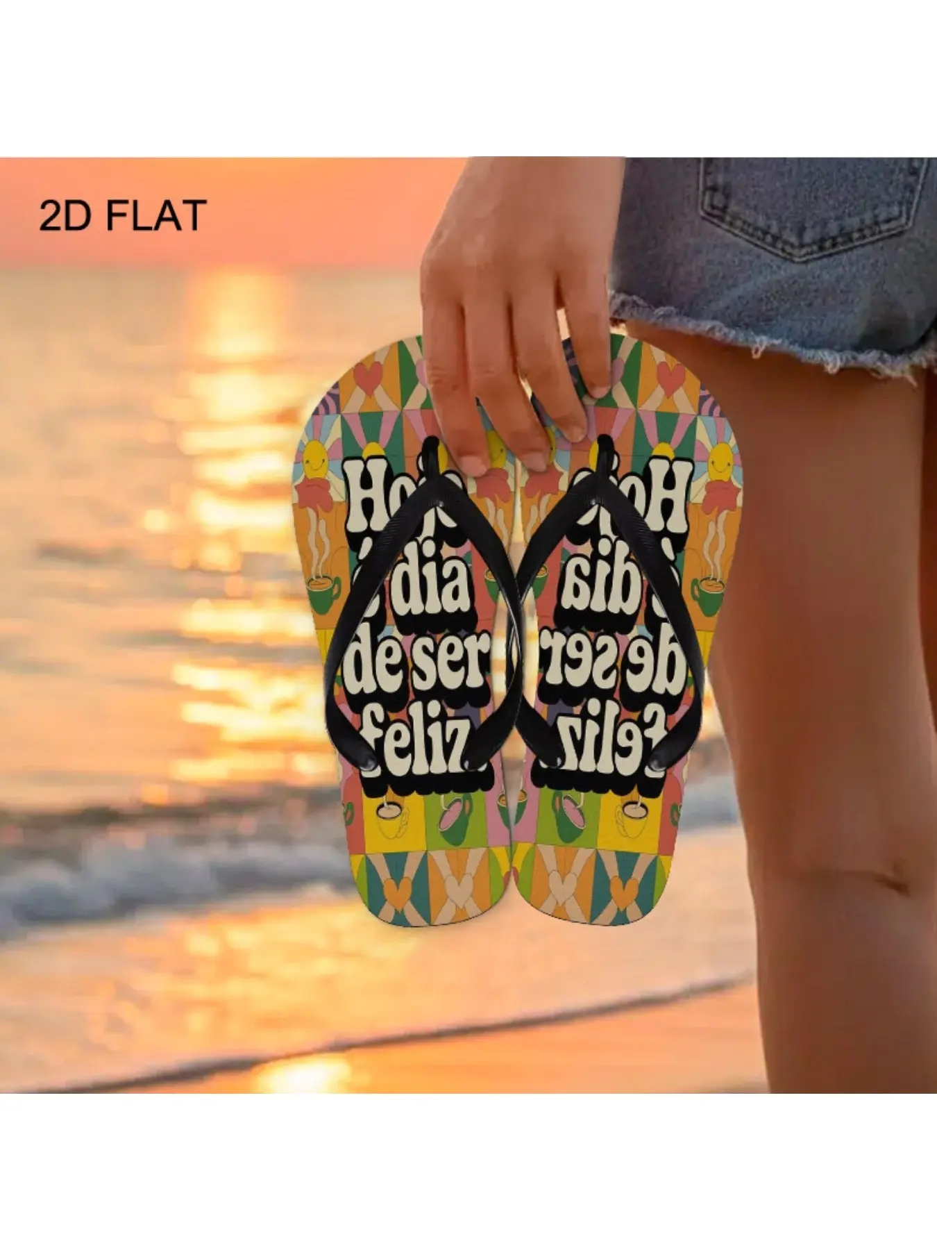 2026 Summer New Women's Flip Flops, Retro Colorful Patterns (Sunflower, Coffee, Heart), "Hoje É Dia" Inspired, Multiple Colors & Sizes, Flat Heel, Open Toe, Ideal for Mother's Day, Easter, Holiday Gifting, All-Season Fashion Sandals, Women Shoes