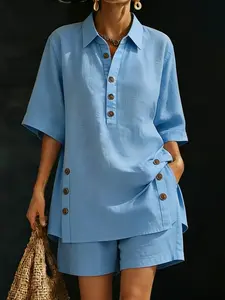 2026 New Plus Size Two Piece Set, Loose Short Sleeve Shirt & Casual Shorts Outfit Women's Summer Lounge Heart Print overalls women