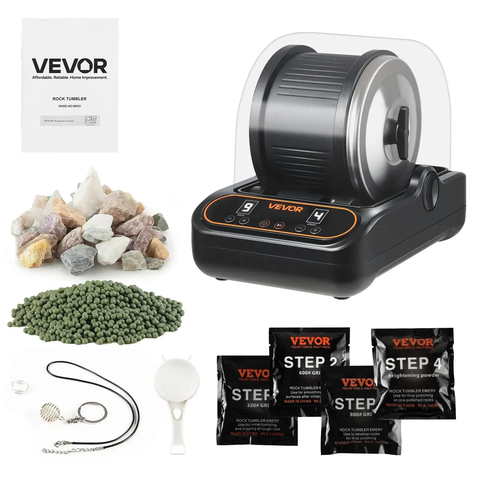 【Summerfinds】VEVOR Rock Tumbler, 3 lb Rock Polishing Machine, Rocks Tumbling Kit with 4-Speed Adjustment, 1–9 Day Timer, PC Sound Reduction Cover & TPU Drum, Direct Drive Motor Rocks Polishing, Quiet Operation