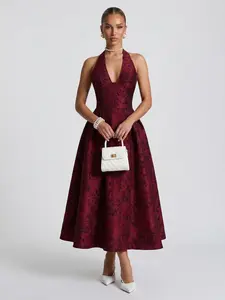 LikeMyChoice 2026 Embossed Faux Leather Halter Midi Dress - Black Cocktail & Evening Gown with Deep V-Neck & A-Line Skirt for Sophisticated Events - Fabric, Fit long formaldresses weddingguestdress