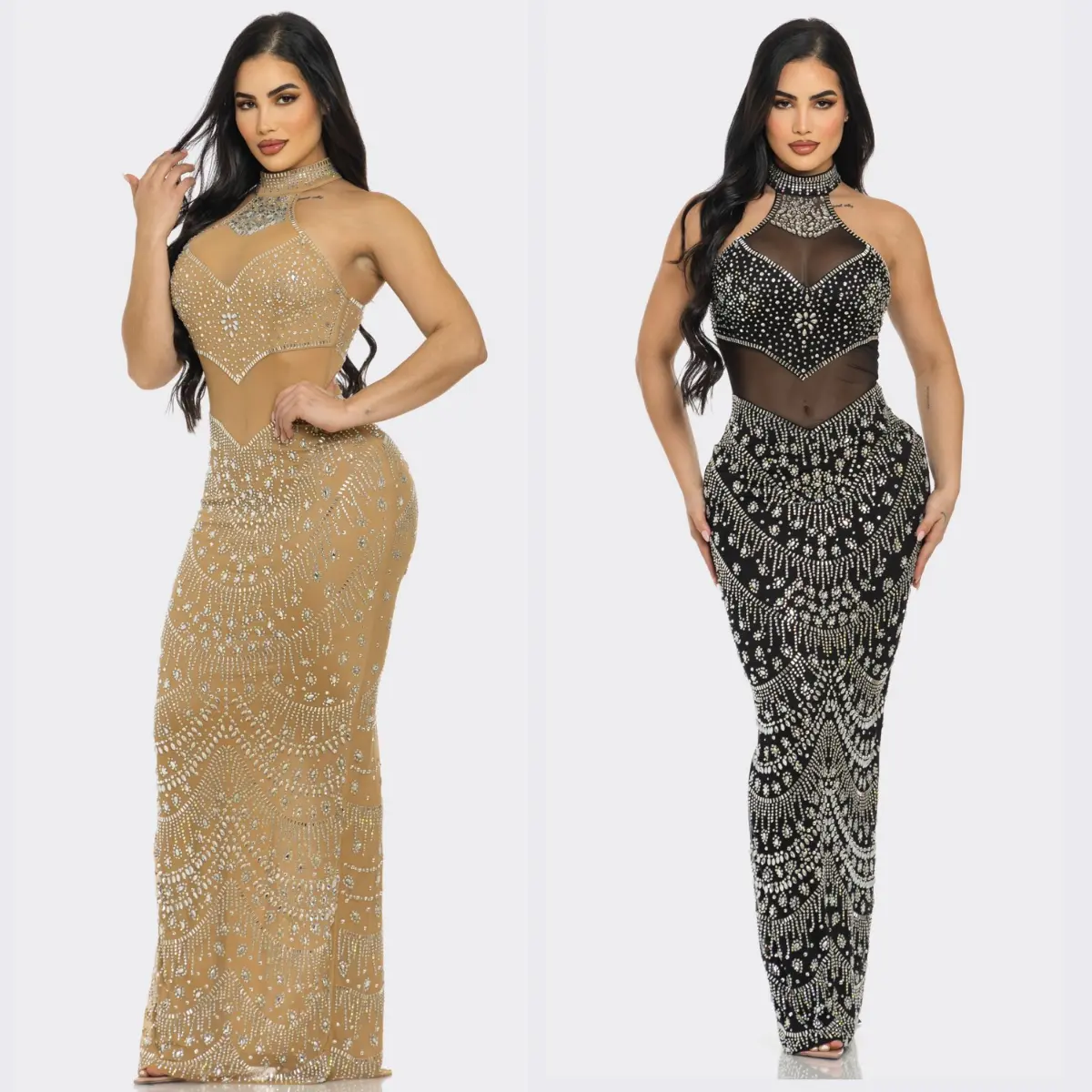 Mesh Rhinestone Halter Maxi Gown Black & Nude - Sparkling Evening Dress with Elegant Design Formal Womenswear