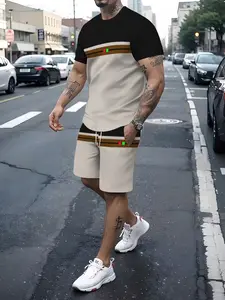 New Stripe 3D Print Casual Short Sleeve Fashion Outdoor Sportswear Set, Geometric Pattern, Drop Waist, Fitted Tee, Crop/short Length