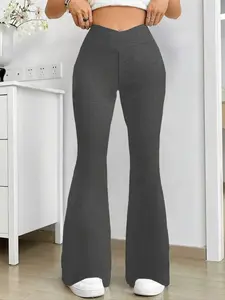 Women's High Waist British Print Flare Pants, Slim Fit, Cross Design, Elastic Polyester Fabric, Stretchy, Perfect for Fall & Winter
