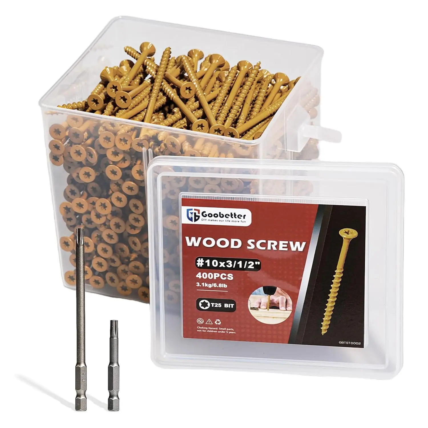 Deck Screws 3-1/2 Inch, 400 count  Screws #10 x 3-1/2", Rust Resistant, Exterior Construction Fence Screws, Torx/ Drive , 2 count T25  Bits Included, Yellow