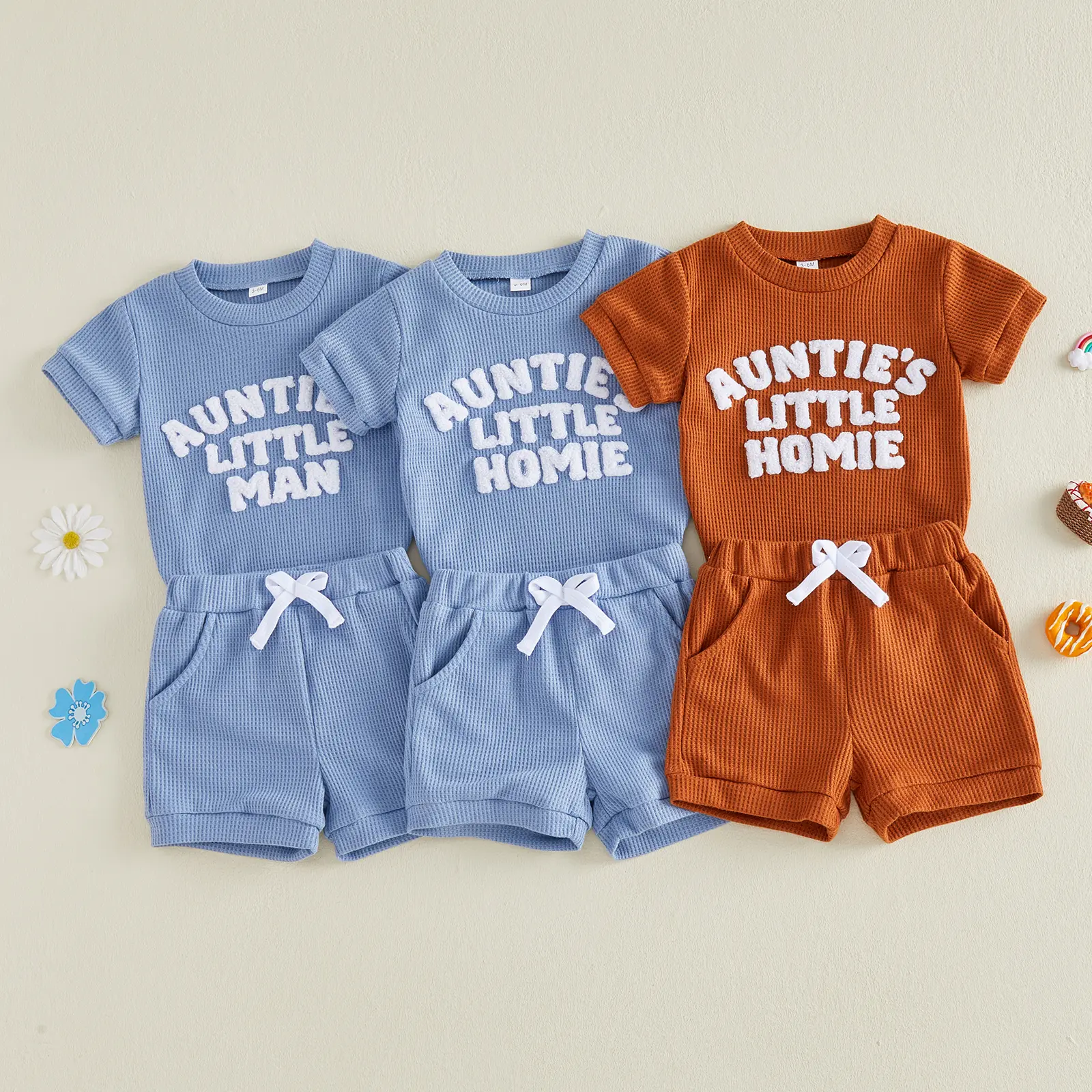 Canrulo Aunties Little Man Baby Clothes Newborn Boy Short Sleeve Letter Romper and Waffle Shorts Sets 2Pcs Summer Outfit