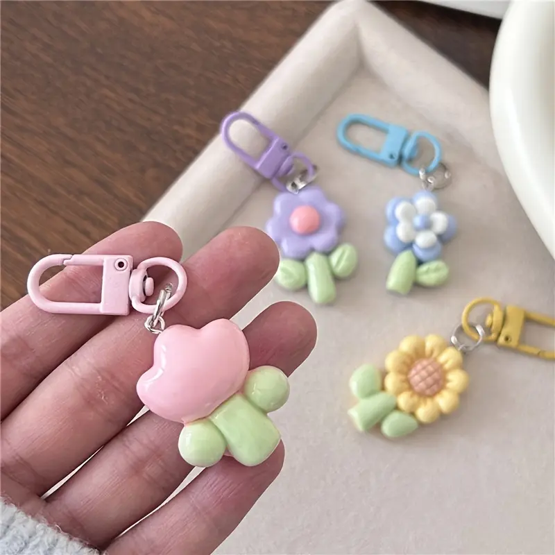 4/20pcs Cute Floral Keychains | Resin | Lobster Clasp, Flower Keychain, Floral Pattern Keychain, Aesthetic Keychain, Decorative Bag Accessories | Couples and Best Friends Gift | Keychain Set | Cute Keychains for Car Keys