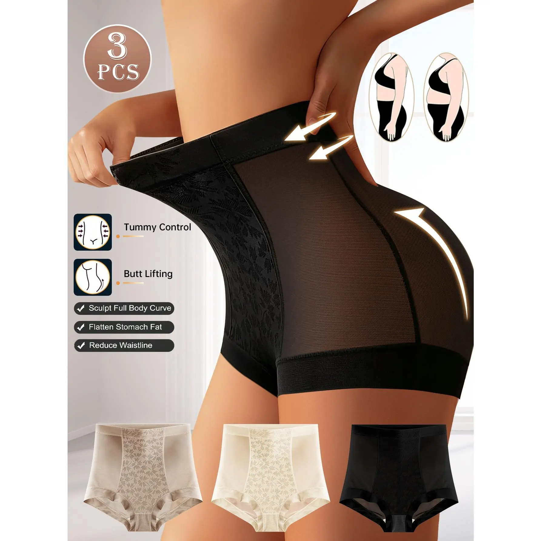 QUASTI 3PCS High Waisted Women's Seamless Safety Pants Panties, Translucent Mesh Fabric Hip-Lifting Full Coverage Breathable Soft Fashion Briefs, Elegant Boxer Shorts, Minimalist Daily Wear S-XXL