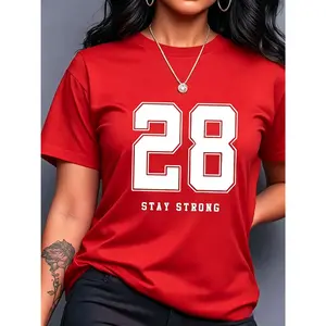 [100% cotton] European and American casual sports round-neck women's summer T-shirt with number 28 print, women's casual sportswear, soft and comfortable, available in multiple colors