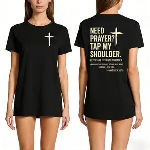 Women's Washed Ribbed Short-Sleeve Seamless Cotton Knit Casual T-Shirt Top - Smooth Fabric, Cross Design, "Need Prayer? Tap My Shoulder" Bible Verse, Fitted Fit