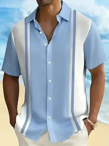 2026 Summer New Color Block Vertical Stripes Short Sleeve Shirt Men, Casual Button Shirt, Loose Fit Turn-Down Collar Casual Everyday Wear Vacation Top, Trendy Blouse for Men, Casual Loose Fitted