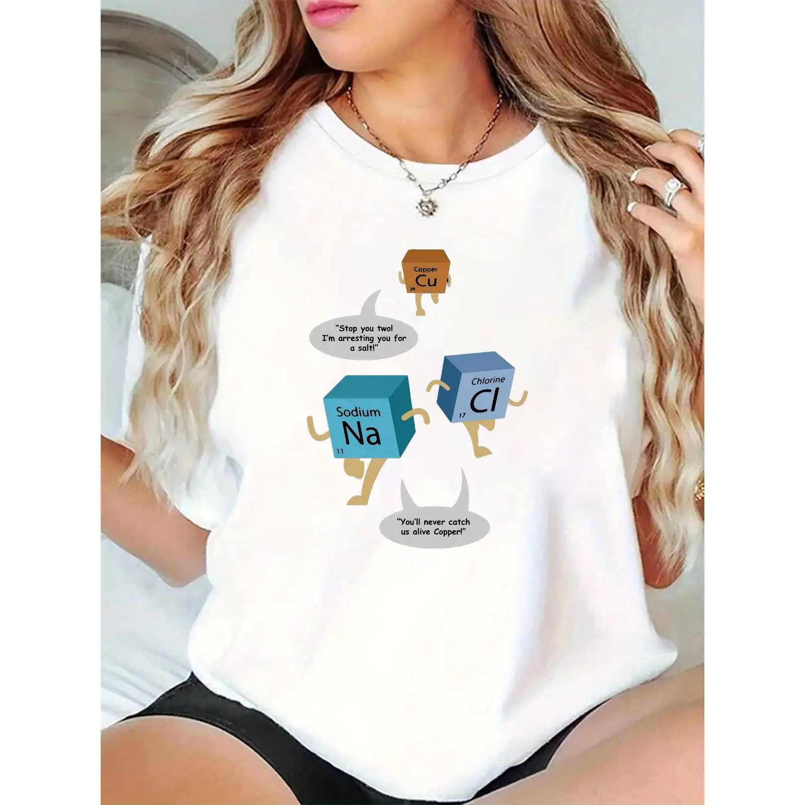 Women's Funny Chemistry Elements Pun T-Shirt | Na Cl Cu Cartoon Characters | 'Arresting for Salt' Joke | Casual Daily Wear for Science Enthusiasts Students Teachers