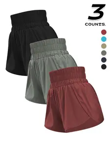 Women's High-Waisted Running Shorts Set, Quick-Dry Single Layer Fabric, Sporty Style, All Seasons, Slim-Fitting, Solid Shorts, 3 Pieces