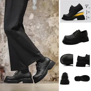 2026 New Arrival Men's High-End Derby Walking Shoes - Black Thick-Soled Japanese-Style Invisible Height-Increasing Footwear, Non-Slip Comfortable Versatile for Commute Daily Wear