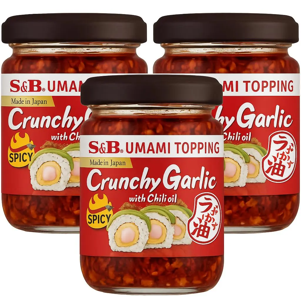 S&B Bold Spicy Chili Condiment (3-Pack, 3.88oz Each Jar) - Jarred Pepper-Based Dip with Onion, Salt Powder, Crunchy Corn Oil, Sesame Oil, Fried Garlic for Pantry, Cooking Needs
