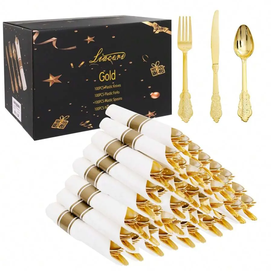 400PCS Gold Plastic Silverware - Pre Rolled Napkins Disposable Gold Plastic Cutlery-Premium Quality Gold Plastic Utensils-Includes 100Forks,100Knives,100Spoons,100Napkins&Wedding