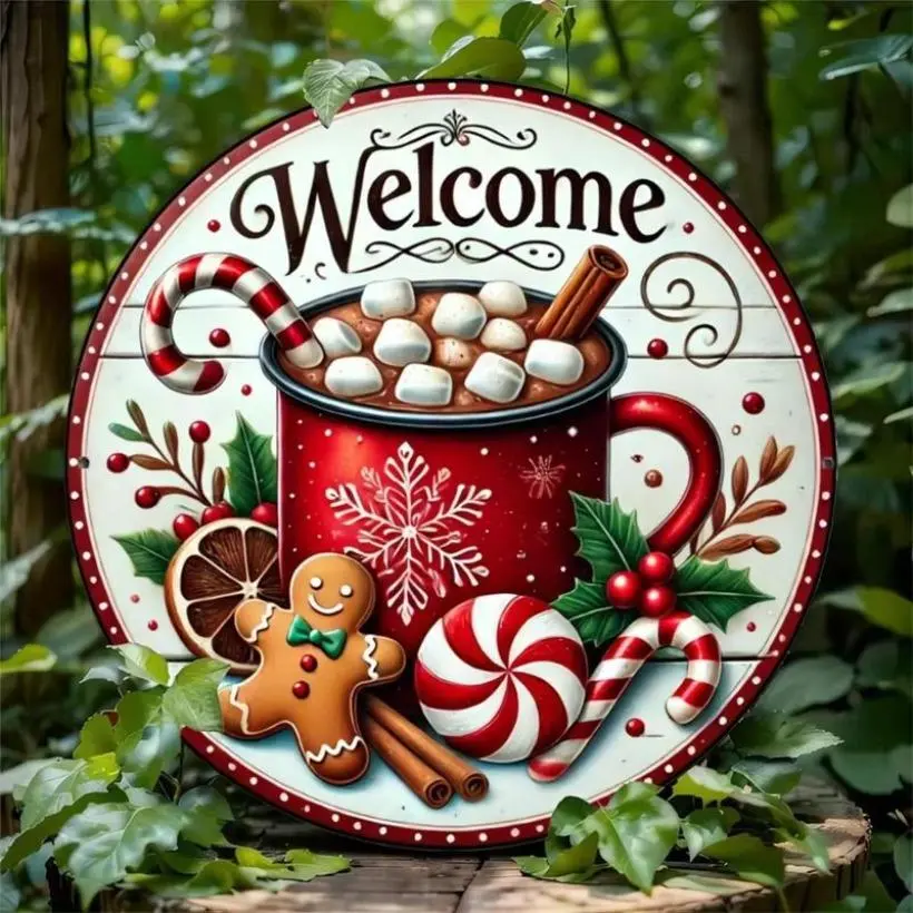 Round Welcome Decorative Sign, Cute Gingerbread & Wreath Design Wall Decor, Holiday Home Decoration, Wall Decor for Home Living Room Bedroom Christmas gift, Home Decor Gifts