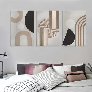 Beige Modern Minimalist 3pcs Abstract Lines Canvas Art Framed Geometric Wall Paintings for Living Room Bedroom Kitchen Hallway - Easy Install Eco Friendly Fade Resistant Artwork for Autumn Winter Themes