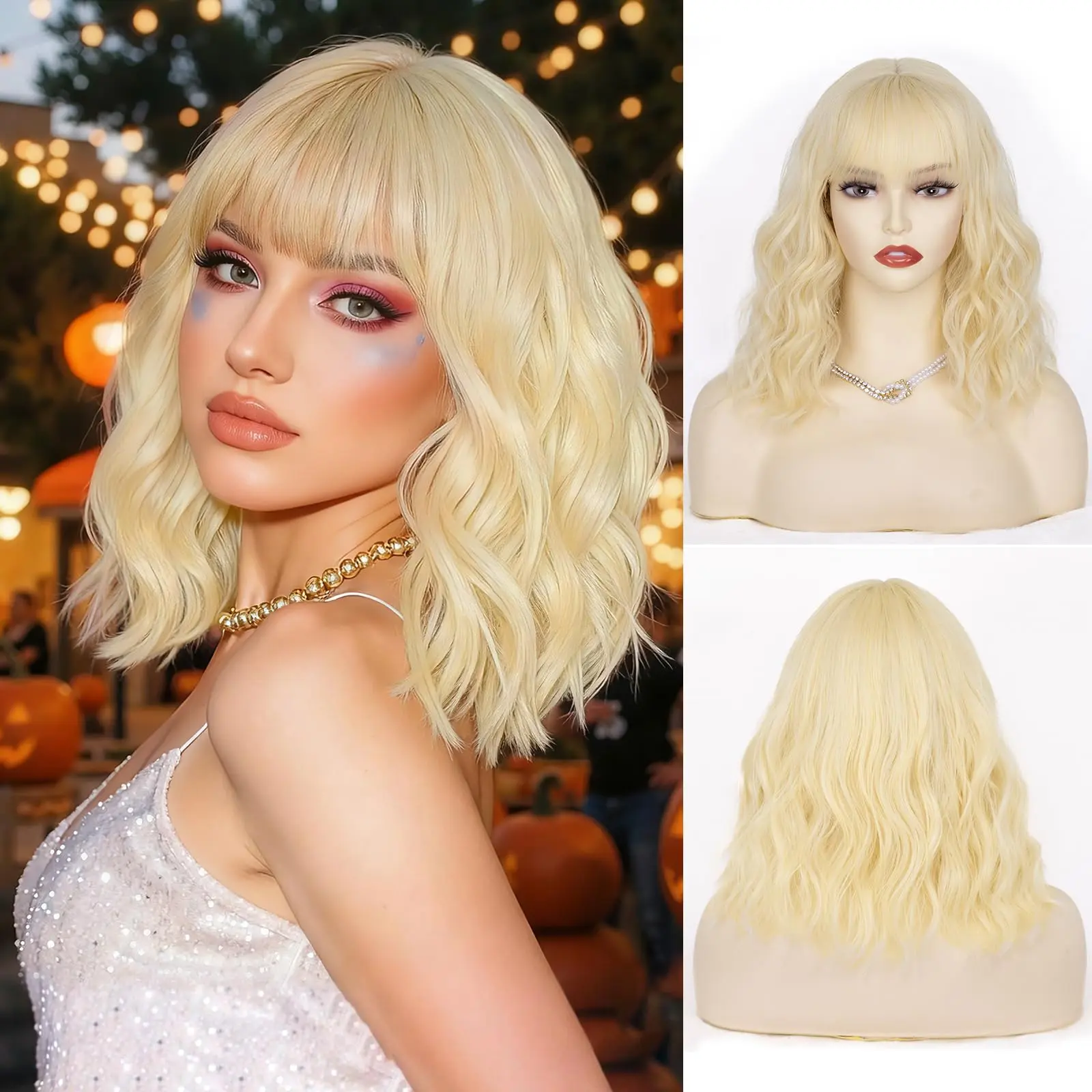 Short Blonde Wig with Bangs, 14 Inch Blonde Bob Wig with Bangs for Women, Cosplay Costume Halloween Wig