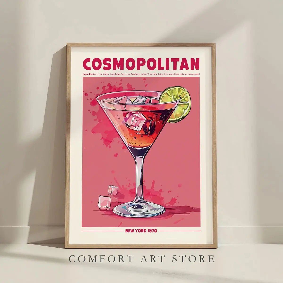Cosmopolitan Cocktail Print – Retro Drink Poster, Home Bar Decor, Classic Cocktail Art, Mixology Printable, Unframe