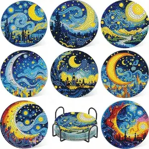 8-Piece Diamond Art Coaster Set with Stand, DIY Moon Pattern Diamond Art Coasters, Suitable for Adults and Beginners, Perfect Gift, Diamond Painting Coasters