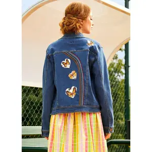 ModCloth Over the Rainbow Denim Jacket with Butterfly Heart Patches - Faded Sky Medium Wash (S-4X) Long Sleeves, Embroidered