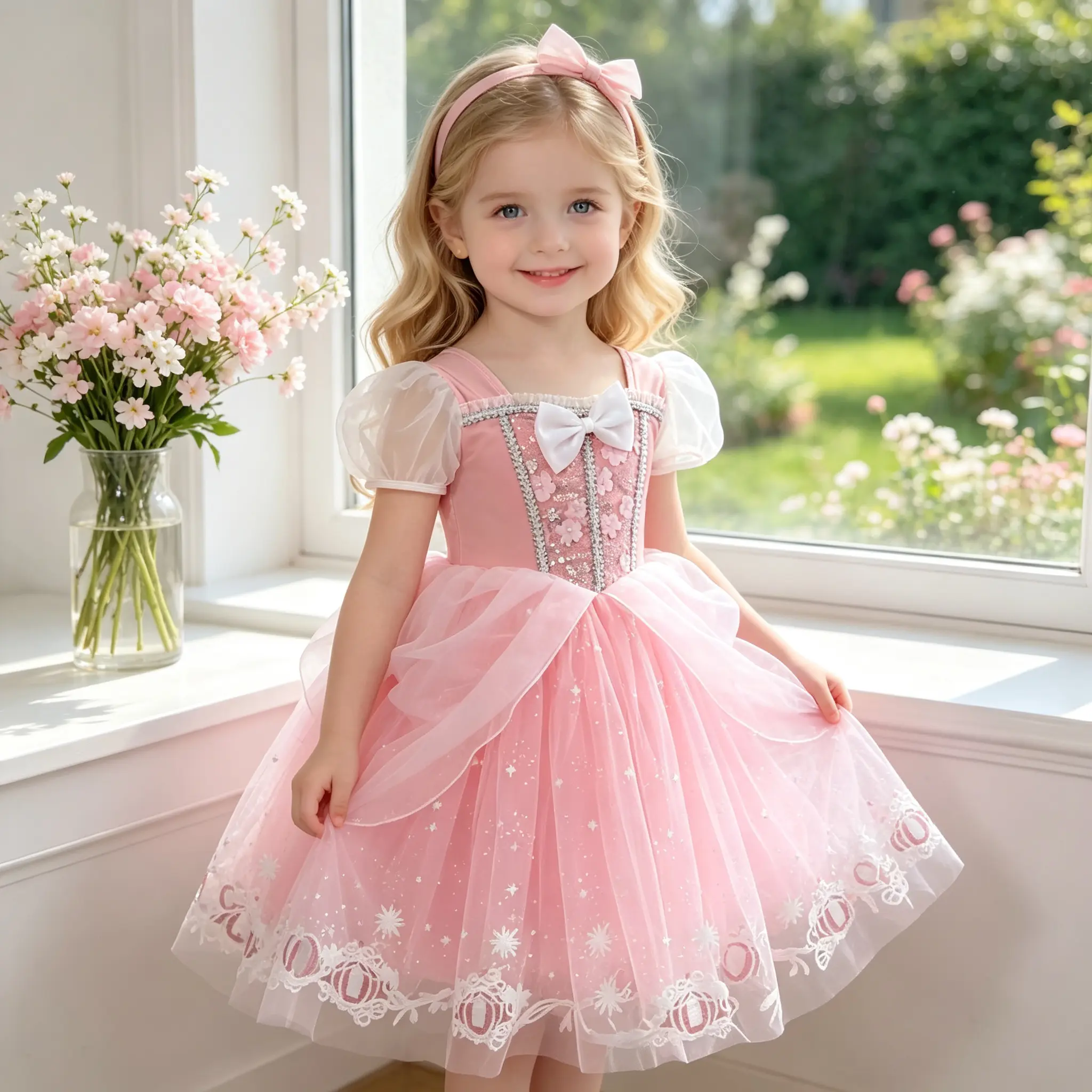 Girls Pink Princess Costume Dress, Sparkly Tulle Ball Gown with Puff Sleeves & Bowknot, Ideal for Birthday Party, Halloween Cosplay, Wedding Flower Girl, Daily Wear