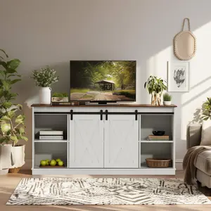 TV Stand for Televisions up to 65 Inch, Entertainment Center with Sliding Barn Doors, Storage Cabinets and Media Shelves, Living Room Console Table, White