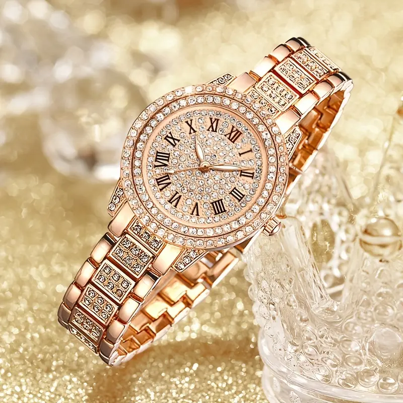 Women's Luxury Rose Gold Watch, Rhinestone Alloy Bracelet, Waterproof Quartz Analog for Daily Casual Wear, Quartz Analog Watch, Female Watches