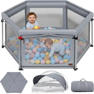 Foldable Baby Playpen with 3cm Mat, Baby Beach Tent with 180° Rotatable Canopy, Outdoor & Indoor Playpen, Folding Kids Beach Tent with Sunshade, Portable Playard for Babies