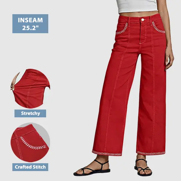 Flamingals Contrast Stitch Mid Rise Wide Leg Pants Stretchy 25.2" Inseam Flamingals Contrast Stitch Mid Rise Wide Leg Pants Stretchy 25.2" Inseam