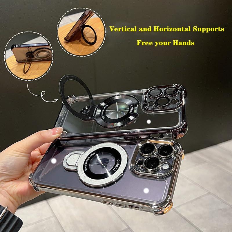 Protective Four comners Plated Clear Bracket Phone case for iPhone 16 15 14 13 12 Pro Max 16 15 Plus Cover with Kickstand   Protector Shockproof Cover protector  de camara